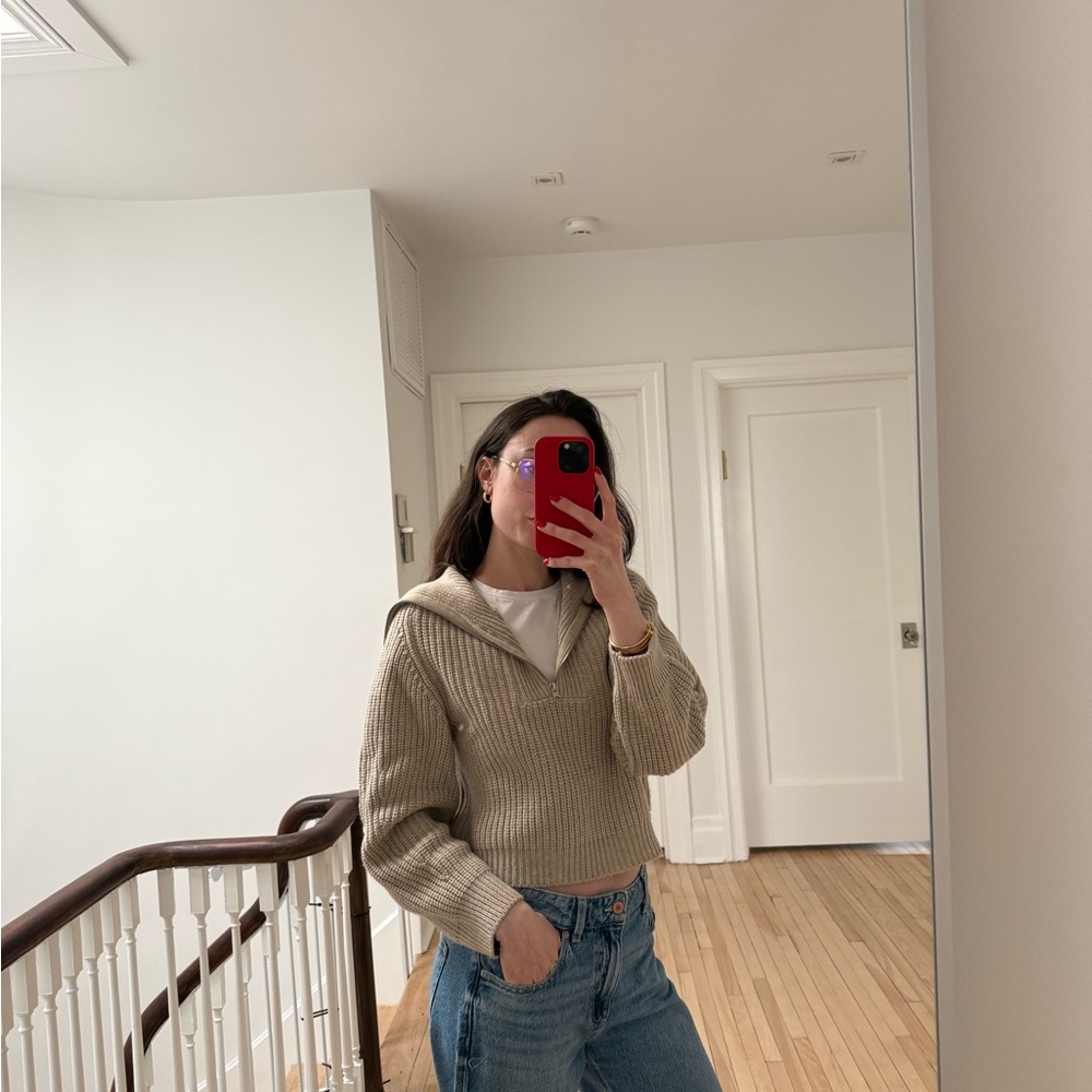 Women's Beige Knit Zip up Cardigan Sweater